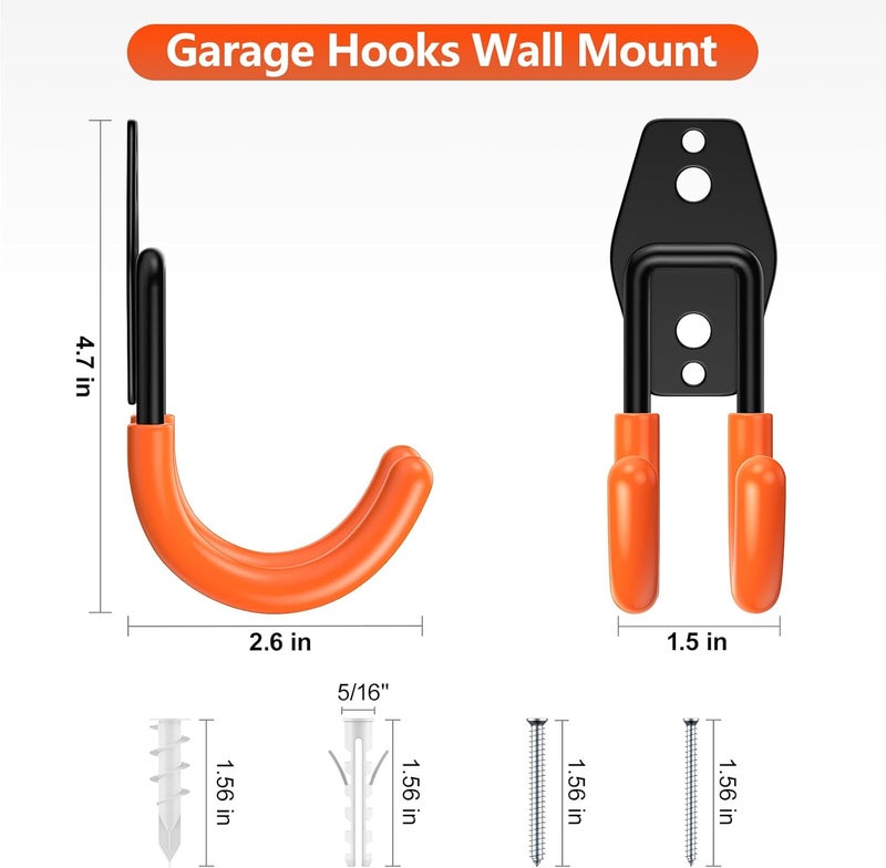 Cpais Garage Hooks with Anti-Slip Coating,Heavy Duty Wall Mount Storage Hooks for Hanging Bike,Hose,Ladder,Yard,Garden Tools (8 Pack Orange 4.7x2.6 inch) - Image 2